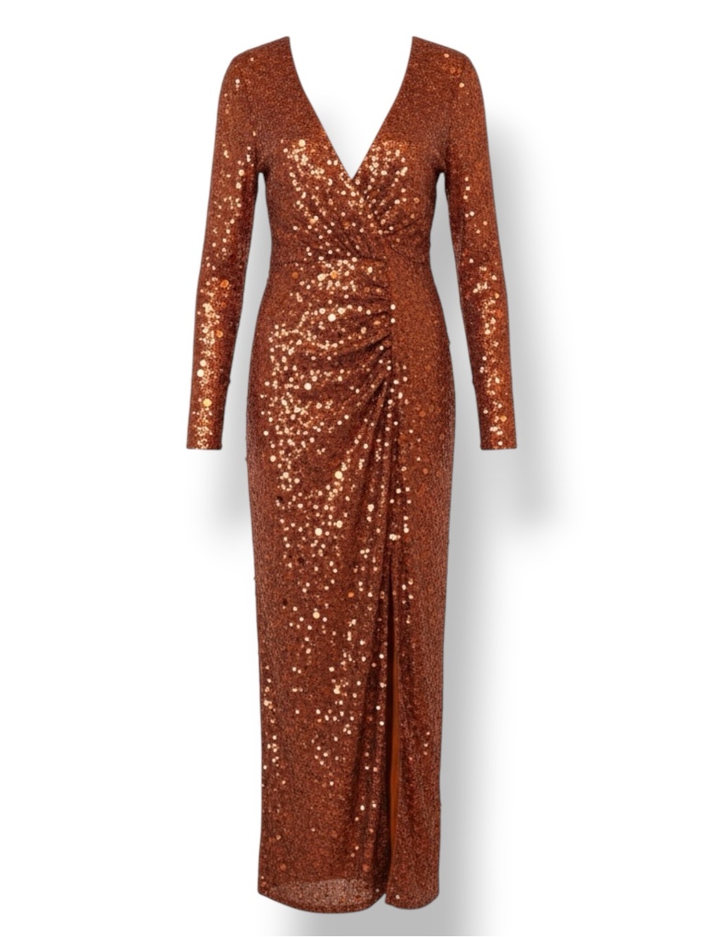 NWT Formal gown dress Long Sleeve Copper Sequin Maxi sequin bodycon mob party XS